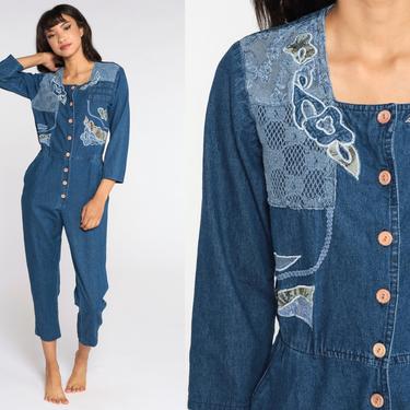 Floral Denim Jumpsuit 80s Coveralls Pants Jean Romper Vintage Button Up Blue Long Sleeve Jumpsuit Lace Trim Grunge 1980s Medium 