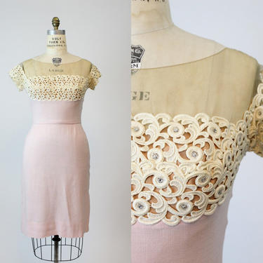 1950s Peggy Hunt dress | linen lace illusion neckline | medium 