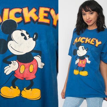 Mickey Mouse Shirt 90s Mickey Mouse Tshirt Walt Disney Shirt Streetwear Graphic Cartoon T Shirt Blue Vintage Retro Tee Medium Large 