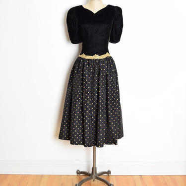 vintage 80s prom dress black velvet polka dot print party gown long maxi M clothing 
