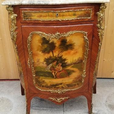 Antique French Louis XVI Revival Gilt Bronze Mounted Ormolu Hand Painted Scene Marble Top Bombe Chest