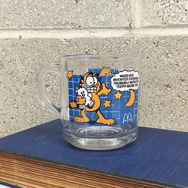 Vintage Garfield Mug Retro 1970s McDonalds + Jim Davis + Anchor Hocking + Clear Glass + Vinyl Print + Novelty Coffee Mug + Kitchen Drinkware 