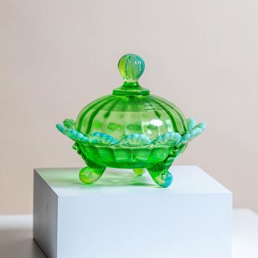 Bright Green Mosser Footed Covered Candy Dish 