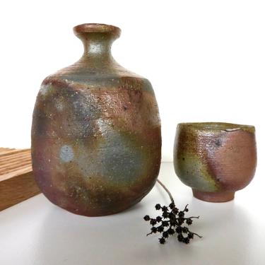 Vintage Bizen Ware Tokkuri Set From Japan, Hand Crafted 2 piece Japanese Pottery Raku Sake Cup And Pitcher Set 