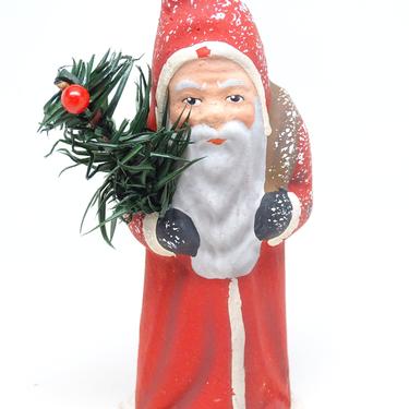 Vintage Hand Made German Ino Schaller Signed Belsnickle Santa with Feather Christmas tree, Old Paper Mache Reproduction 