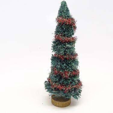 Antique Christmas Tree with Red Tinsel Garland, Vintage Decor Wooden Base , Retro Doll House 