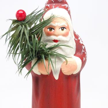 Vintage Hand Made German Ino Schaller Signed Belsnickle Santa Candy Container with Feather Christmas tree, Old Paper Mache Reproduction 