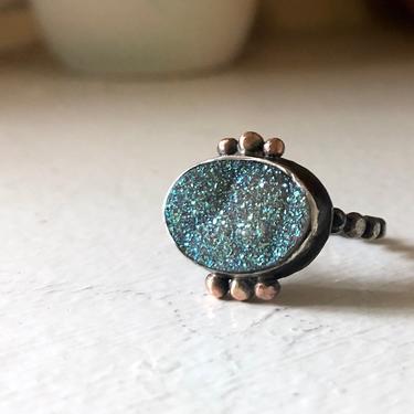 14k Rose Gold and Sterling Silver Gray Blue Sparkly Drusy Druzy Handmade Cocktail Ring Wabi Sabi 