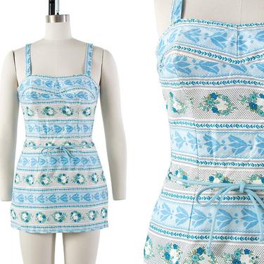 Vintage 1960s Romper | 60s COLE OF CALIFORNIA Blue Floral Striped Cotton Skirted Playsuit (small/medium) 