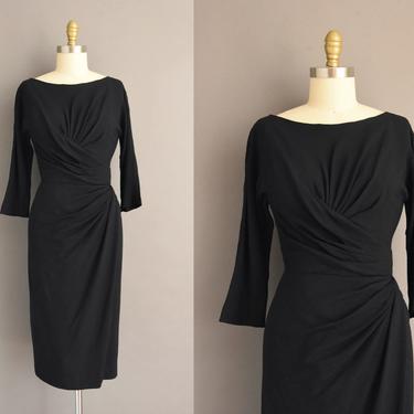 1950s vintage dress | Outstanding Jet Black Rayon Cocktail Party Wiggle Dress | Small | 50s dress 