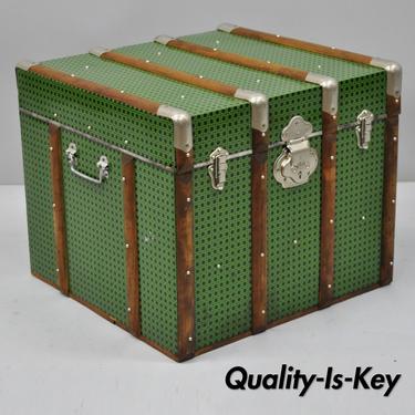 Vintage Wood Tin Metal Wrapped Green Faux Cane Rattan Wicker Chest Trunk Box