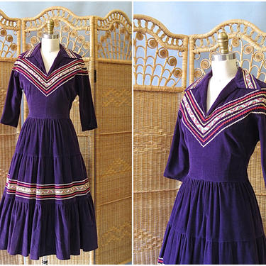 BEST WESTERN Vintage 50s Dress | 1950's Fit &amp; Flare Purple Corduroy Squaw Patio Dress | Full Tiered Skirt, Ric Rak | Rockabilly VLV | Medium 