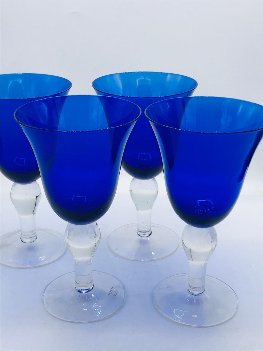 Wine Glasses Cobalt Blue Blown Glass 18.5 oz Clear 4” Stem Set of 2 