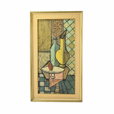Vintage Mid-Century Modern Cubist Still Life Oil Painting by Vernet 