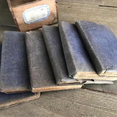 French Frothy Book Props, Set of 6, Paris, Faded Blue Paper Covers, Late 19th C, Book Stacking Props 