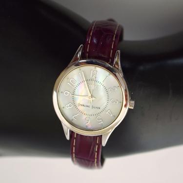 Vintage Ecclissi 23183 sterling Mother of Pearl maroon croco leather band watch, elegant MOP 925 silver classic wrist watch 