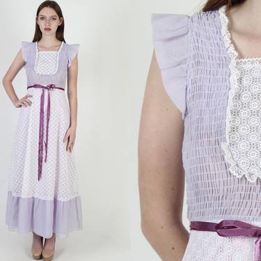 Long Lilac Color Smocked Bodice Prairie Maxi Dress 