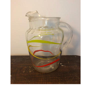 Vintage Anchor Hocking Pitcher, Stripe Green, Red, and Yellow Design 