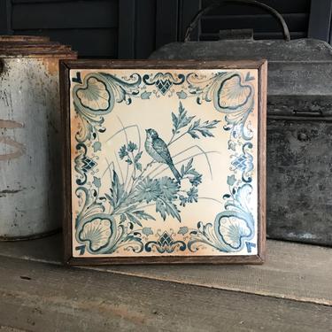 Antique French Indigo Tile Trivet, Floral, Bird, Wood Frame, Rustic French Farmhouse Cuisine, Farm Table 
