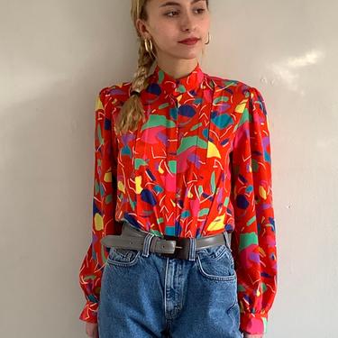 90s mandarin puff sleeve blouse / vintage red abstract print satin puff sleeve blouse / red print pleated mandarin collar blouse | S 