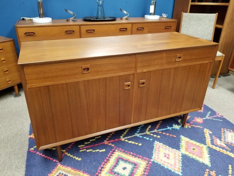 Danish Modern teak credenza with doors and upper drawers