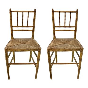 Antique Carved Petit Chid Size Bamboo Chairs Pair