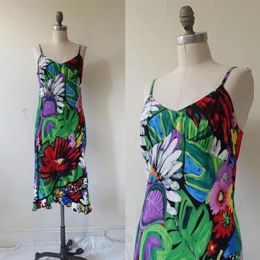 Vintage 90s Floral Rayon Bias Cut Dress/ 1990s Jams World Painterly Slip Dress/ Size Small Medium 