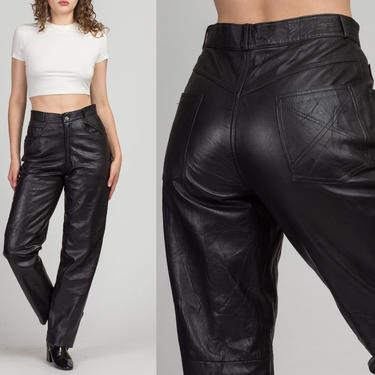 90s Vera Pelle Black Leather Trousers - Medium, 31&amp;quot; | Vintage High Waist Tapered Leg Chic Biker Pants 