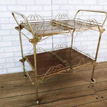 Rolling Folding Mid Century Bar Cart Faux Wood and Brass with a Removable Serving Trays 