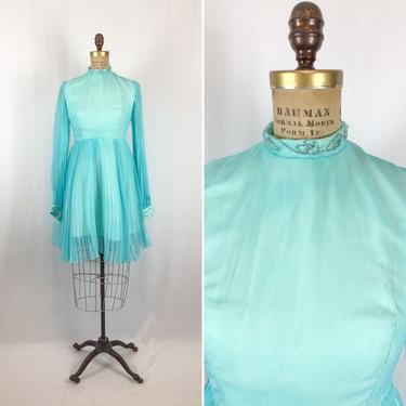 Vintage 60s dress | Vintage turquoise chiffon party dress | 1960s pleated beaded blue cocktail dress 