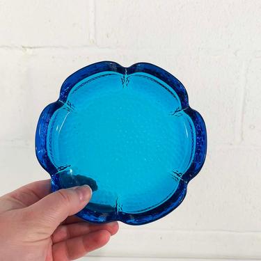 Vintage Glass Blue Ashtray Teal Turquoise Decor Trinket Ring Dish Tobacciana Smoking Smoker Gift Large Groovy Pad Bar Coffee Table 