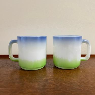 Set of 2- Vintage White, Blue and Green Ombre  Hazel Atlas Milk Glass Mugs, MCM Tea Coffee Cups, Retro Kitchen 