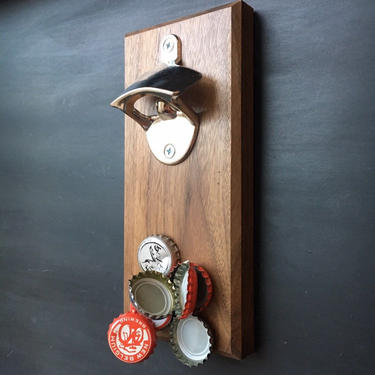 Magnetic Walnut Bottle Opener - Refrigerator or Wall Mount, Cap-Catching 