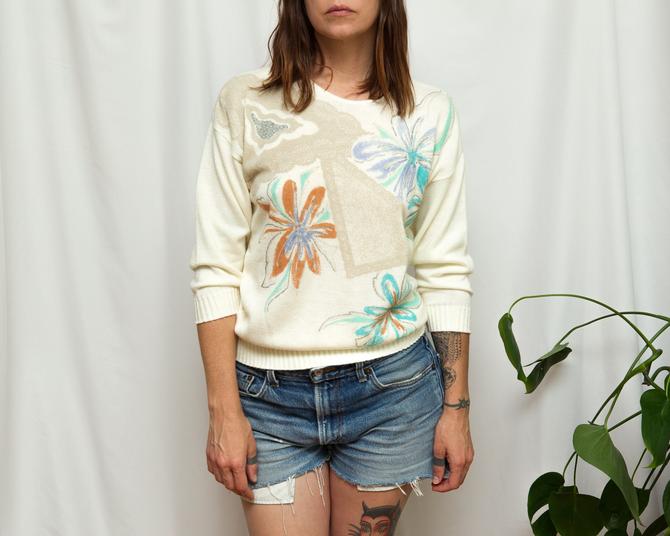 Size M, 1980s Hand Painted Floral Graphic Sweater Top 
