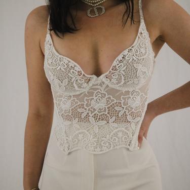 Vintage White Embroidered Lace Lingerie Corset Bustier + Thong Panty Set - 34C/32D - Small Thong 