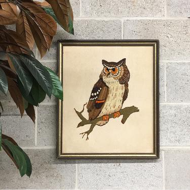 Vintage Owl Crewel 1970s Retro Size 22x19 Homemade + Embroidery + Bird on Branch + Bohemian Style + Animal Wall Art + Home and Wall Decor 