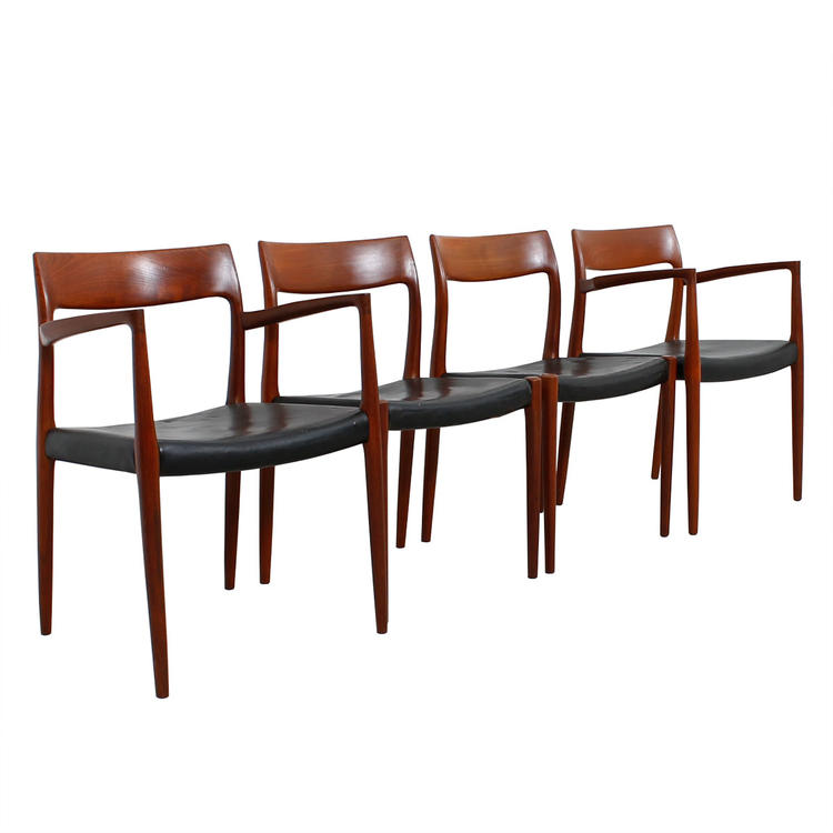 Set of 4 Leather Danish Teak Niels Moller #77 Dining Chairs