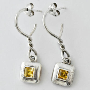 80's sterling &amp; citrine barbed wire elegant goth stud dangles, unusual edgy yellow princess cut gemstones on twisted 925 silver earrings 