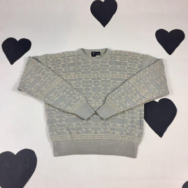 80's Ungaro uomo geometric knit sweater 1980's men's designer textured triangle loose drop shoulder pale gray blue two tone knit sweater M 
