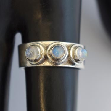 70's 925 silver blue flash moonstone size 7.75 mystic hippie band, handcrafted sterling round blue cabs stacking ring 