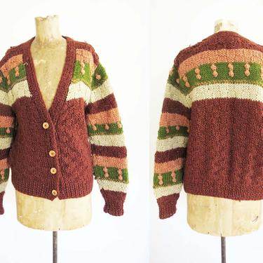 Vintage 70s Chunky Striped Knit Cardigan S - Cozy Cable Knit Cardigan Multicolor Brown Green Pink - Pompom - Cottagecore Earthtone 