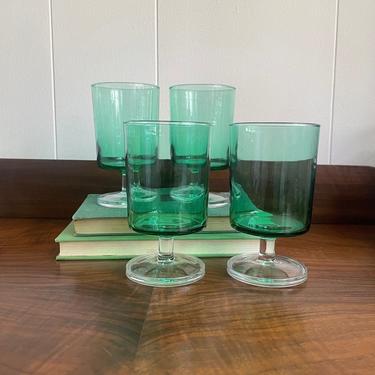 Set of 4-  Vintage Luminarc Arcoroc France Spruce Green Seaglass Water Goblet Glasses, MCM Retro Bar 
