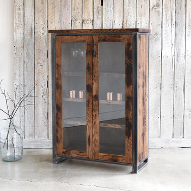 Industrial Bar Storage Cabinet / Tall Double Door Glass Hutch &amp; Buffet / Bookcase / Display Case 