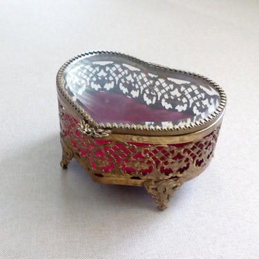 HEART shape filigree jewelry box Victorian beveled glass lid trinket box Collectible Engagement gift Vanity decor collection 