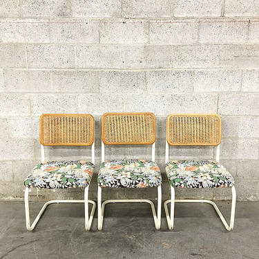 LOCAL PICKUP ONLY Vintage Daystrom Chairs Retro 1970s White Metal Frame + Straw Back + Floral Marcel Brueur Style Dining Chairs Set of 3 