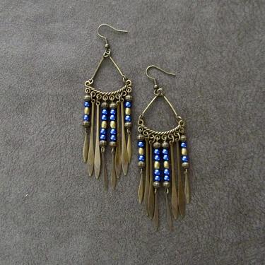 Chandelier earrings, royal blue pearl earrings, boho tribal earrings, gypsy statement earrings, unique bohemian earrings, antique bronze 