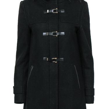 Cole Haan - Black Buttoned & Zippered Hooded Coat w/ Faux Fur Trim Sz 6