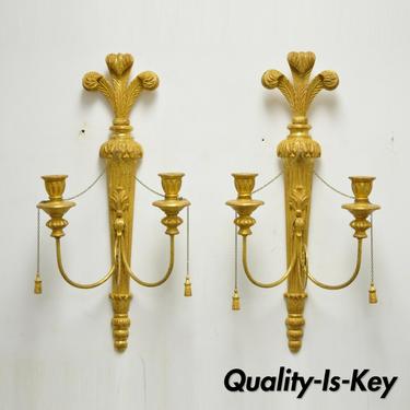 Italian Regency Carved Wood Gold Giltwood Plume Prince of Wales Sconces - a Pair