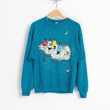 80s Penguin Party Sweatshirt - Medium | Vintage Blue Raglan Sleeve Martini Graphic Animal Pullover 