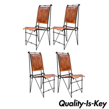 Set of 4 Iron &amp; Tooled Leather Brutalist Dining Chairs Attributed to Ilana Goor